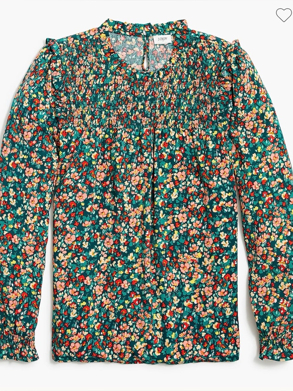 J. Crew Green Floral Smocked Ruffleneck Top Blouse Medium